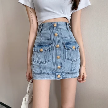 CBAFU Lion-Knappen Denim Nederdel Kvinder Vintage koreanske Warp Blyant Nederdele Slanke Monteret Sommeren Mini Jeans Nederdel, Boyriend Clubwear F552
