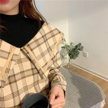 2020 efteråret dukke krave falske to-stykke bluse koreanske retro ternet skjorte kvindelige design vintage bluser