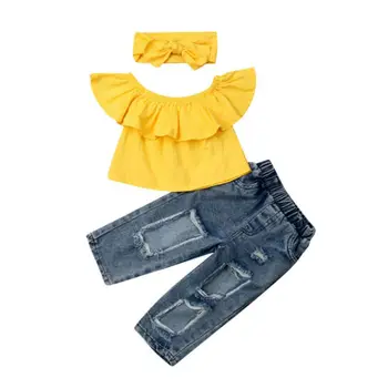 Fashion Boutique pige tøj Kids Baby Pige Fra Skulder Toppe+slidte Jeans Denim Bukser 3stk Tøj Størrelse 2-6Y