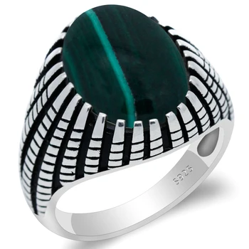 Rigtig Ren 925 Sterling Sølv Mandlige Ring Grønne Naturlige Malakit Sten Punk Style Ring for Mænd Fest/Bryllup Smykker Fine Smykker