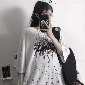 Punk Gotisk T-shirts Løs Streetwear Harajuku Brev Print Sommeren Korte Ærmer Vintage kvinder black toppe dropshipping plus størrelse