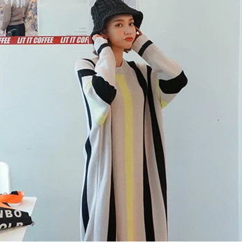 2020 Efterår og Vinter Korea Style Nye plus Size Lang Sweater Dress Kvinder Løs Stribet Strikket Sweater Casual Strik Kjoler