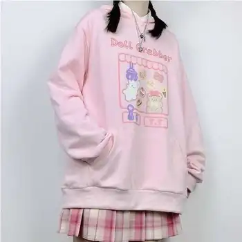 Deeptown Kawaii Hættetrøjer Kvinder Vinteren 2021 Mode Print Sweatshirt Langærmet Pink Pullvoer Søde Piger Plus Velvet Hættetrøjer Kvinder