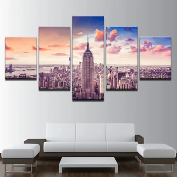 Canvas HD Udskriver Modulære Pictures Home Decor 5 Stykker Solnedgang New York Bygning Maleri Bybilledet Plakat Væg Kunst Ramme