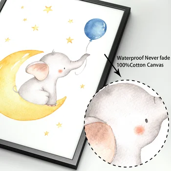 Elefant Månen Ballon Crown Børnehave Væg Kunst, Lærred Maleri Nordiske Plakater Og Prints Væg Billeder Baby Pige Dreng Room Decor