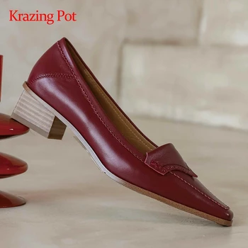 Krazing Pot kortfattet stil ægte læder british design-helt firkantet tå tyk med hæl slip på smukke mode kvinder pumper L0f9