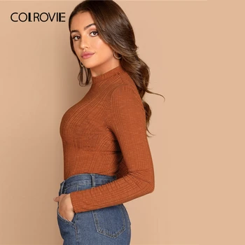 COLROVIE Orange Stå Krave Slim Fit Arbejdstøj Ribbet Top Kvinder Grundlæggende Shirt 2019 Foråret Lange Ærmer Afslappet Kontor Damer T-Shirt