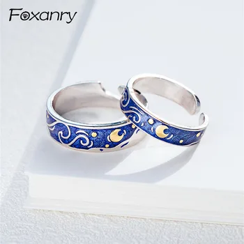 Foxanry 925 Sterling Sølv Par Ringe til Kvinder Kreative Terndy stjernehimmel Finger anillos Smykker Bryllupsdag Gaver