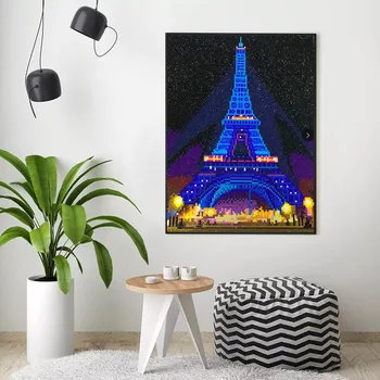 HUACAN LED Diamant Maleri 5D Eiffeltårnet Diamant Broderi LED Lys Fuld Runde Bor Diamant Mosaik 30x40cm Med Ramme