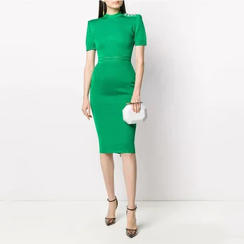 Nyt Design Til Kvinder Europæiske Tynde Stil Kortærmet Sommer Strik Lige Kjole Elastisk Høj Kvalitet Grøn Casual Kjoler