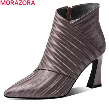 MORAZORA 2020 Nye ankomst Ægte læder støvler tyk høje hæle spids tå ankel støvler efterår og vinter kvinder støvler sort