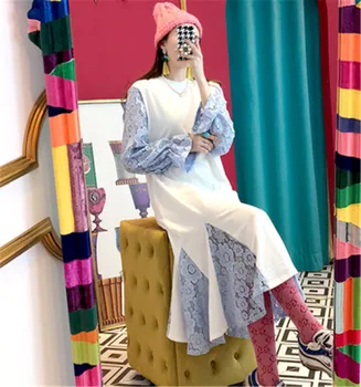 Kvindernes Påklædning Efteråret koreansk Stil Vintage Patchwork Blonder Trompet-Lange Kjoler Temperament Løs Stright Bomuld Vestidos 2020