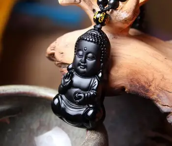 Smukke Kinesiske Håndarbejde Naturlig Sort Obsidian Skåret Baby Buddha Amulet Heldig Vedhæng + Perler halskæde Mode Jad e Smykker
