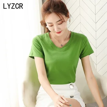 LYZCR 15 Candy Farve Kvinder T-Shirt i Bomuld Sommeren Basic T-Shirt Kvinder Plus Størrelse 4XL Enkel T-Shirt Kvinder kortærmet t-shirts