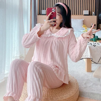 Tyk, Varm Langærmet Skjorte Pyjamas-Sæt Kvinder 2020 Vinter Søde Blonder Coral Velvet Nattøj Homewear Pijama Mujer Hjem Tøj