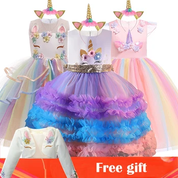 Børn Kjoler For Piger Rainbow Unicorn Dans Kjole 2021 Ny Blomst Piger Kjoler til brylluppets Baby Børn Vestido 2 til 10 Y