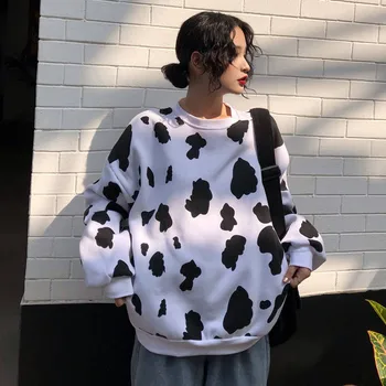 2020 Søde Efteråret Hoodie Sweatshirt Kvinder Toppe Løs Casual Mælk Print Hoodie Streetwear Pige Pullover Japan Hættetrøjer Sjove Kvindelige