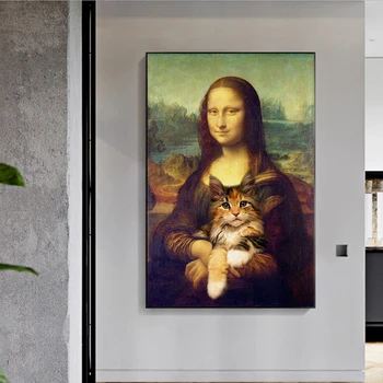 Sjove Kunst Mona Lisa Holder En Kat Lærred Malerier Væg Kunst, Plakater og Prints Da Vincis Berømte Wall Art Billeder Hjem Dekoration