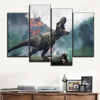 Moderne Wall Art Dekorative Canvas HD Trykte Film Jurassic Verden Faldne Rige Maleri 4 Stykker Dinosaur Plakat Ramme