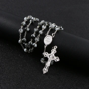 KOMi Rosenkrans Perler Kors Vedhæng Lang Halskæde Til Kvinder, Mænd Katolske Kristus Religiøse Jesus Blue Black Metal Smykker Gave R-225