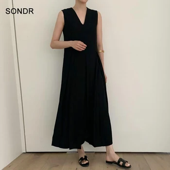 Korea Mode Ét Stykke Kvinder Kjole 2020 Sommeren Vintage Bomuld Med V-Hals Uden Ærmer Plisserede Ensfarvet Tank Dress Maxi Kjole