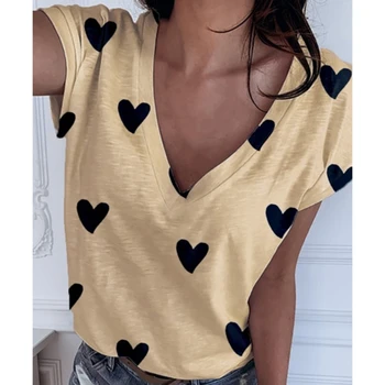 Hjerte Print Kvinder Skjorte Bluse Plus Size 2020 Afslappet Sommer Kort Ærme Løs Shirt Damer Streetwear Toppe Blusa Tøj