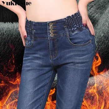Vinter varm jeans kvinde fleece tyk fløjl denim jeans til kvinder plus size mødre jeans med høj talje elastik tynde blyant jean