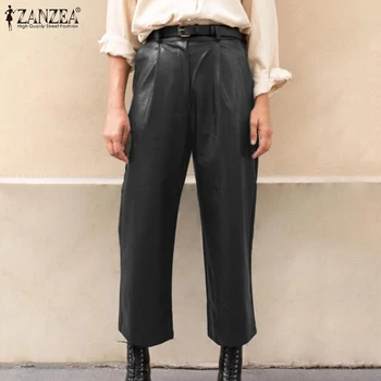 Plus Størrelse kvinde ' s Bred Ben Bukser ZANZEA 2021 Stilfulde Imiteret Læder Bukser Casual-Knappen Zip Lang Pantalon Kvindelige Sort Majroe