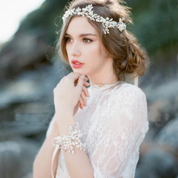 Elegant Tiara Hairwear Pearl Hovedbøjle Crystal Hair Smykker Bryllup Hår Tilbehør Romantiske Brude Hoved Kæde Hovedklæde