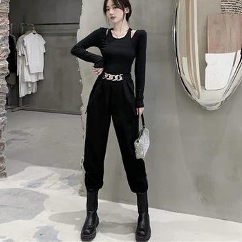 Modekæde høj talje casual bukser kvinder 2020 efteråret nye koreanske casual løs sort overalls alle-match beskåret bukser KZ868