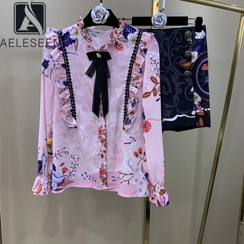 AELESEEN Efterår Mode Passer til Kvinder Designer Vintage Lange Ærmer blomstrede Flæser Shirt＋Jacquard Shorts 2 Stykker Sæt