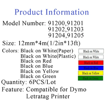 6STK Kompatible Dymo Letratag Tape 12mm*4m 91200 91201 91202 91203 91204 91205 Combo Sæt Etiket, Bånd til Dymo Letratag Printer