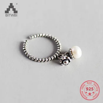 Rent Sølv 925 Hængende Dingle Naturlige Perle Ring For Kvinder Fine Smykker, Regulerbar Snoet Åbning Vintage Ringe