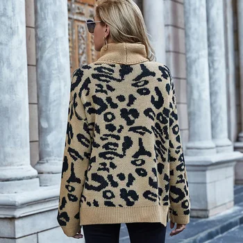 Leopard Turtleneck Sweater Kvinder Casual Løs Strikket Trøjer Vinter Tykke Lange Ærmer Kvindelige Pullovere Casual Top Kvindelige