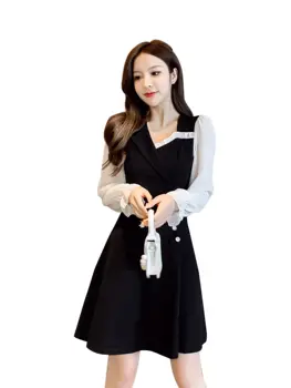 COIGARSAM Kvinder i ét stykke klæde koreanske Nye Spring Høj Talje Kjoler Black 3662