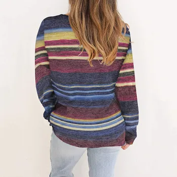 Vintage Kvinder Afslappede Sweatshirts Kvinder Multi-farve Stribet Print Løs Lange Ærmer Rund Hals Hætte Hætte Top Sved À Capuche