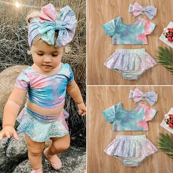Pudcoco Nyeste Mode Toddler Baby Pige Tøj Flerfarvet Print Badetøj Badetøj Top Shorts Badetøj+Bøjle Bikini Sæt
