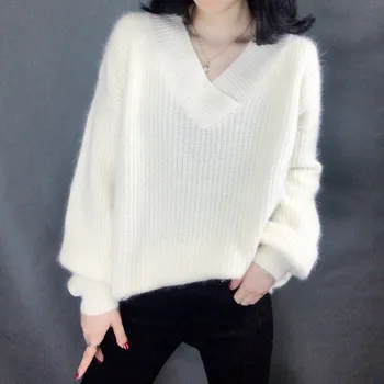 Efterår og vinter kvinder Knitwear sexy-V-Neck tops Lanterne ærme strikkede cashmere koreansk stil sweater, Pullover