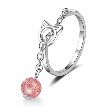 Koreanere Pink Jordbær Krystal Bell Månesten 925 Sterling Sølv, Temperament, Personlighed og Kvindelige Resizable Åbne Ringe SRI204
