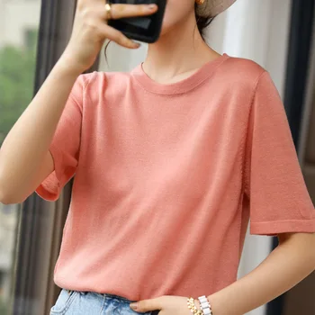 Sommeren solid farve damer, rund hals korte ærmer strikket T-shirt nye stil