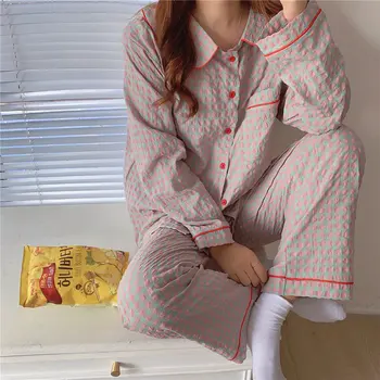 Fremmede Kitty 2020 Efteråret Hot Salg Plaid Nattøj Casual Pyjamas Smarte Tynde Kvinder Geometriske Nye Behageligt Og Løstsiddende Pyjamas Sæt