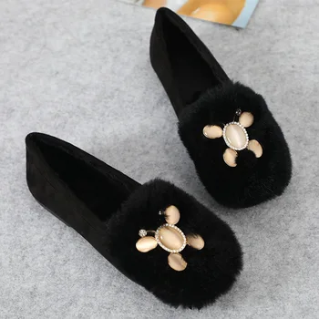 MVVJKErabbit pels sko til Kvinder Ballet sko flok strass overdimensionerede vinter tøfler Slip på kvinders sandaler shoesE064