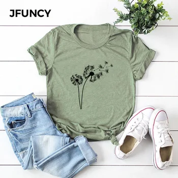 JFUNCY Plus Size Kvinder T-Shirt Mælkebøtte Print Sommer Tees Kvinde Toppe, Korte Ærmer Casual T-shirts Bomuld Kvindelige Tshirt