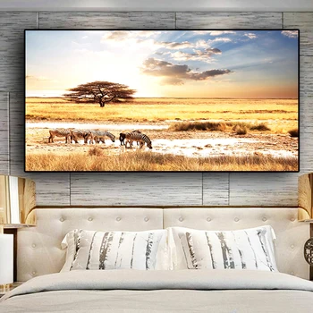 Solnedgange Afrikanske Zebra Dyr Landskab, Plakater og Print på Lærred Maleri Cuadros Skandinaviske Væg Kunst Billede til stuen
