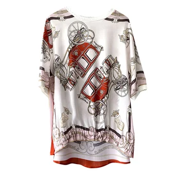 Ny silke Bluser & Skjorter fine udskrivning for at imponere kvindelige runde krave mulberry silke bluse