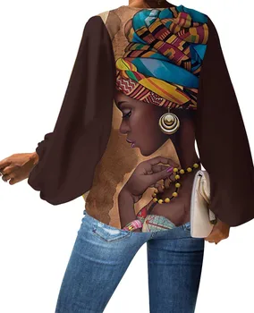 WHEREISART Sorte Afrikanske Kvinder Bluser Personlig Queensize-Shirts V-Hals Low Cut-Lanterne Ærme Løs Glat Silke Og Satins Toppe