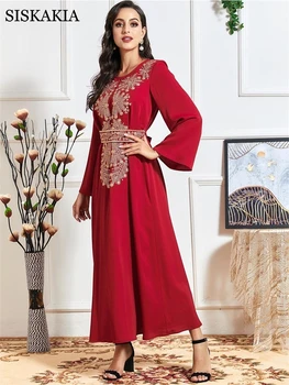 Siskakia Indie Folk Broderi Kjole for Kvinder Rød Plus Size O-Hals Lange Ærmer Tyrkiet arabisk Muslimske Dubai Abaya Efteråret 2020 Ny