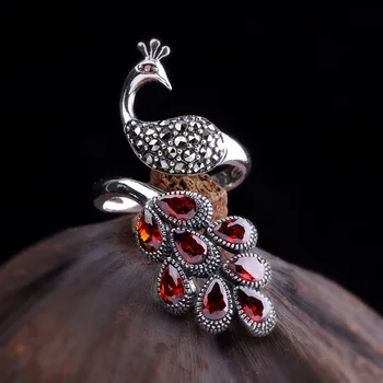 Ægte Solid Sterling Sølv Peacock Ring 925 Bryllup Dame Smykker Med Rød Granat Natursten Justerbar Fine Smykker