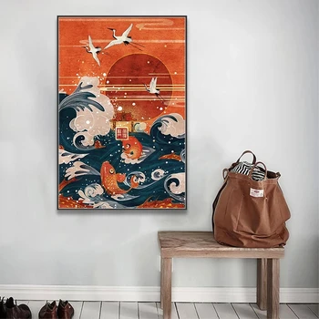 Lærred Kunst Udskriver Maleri Plakat Japansk Stil Landskab Maleri Bølge Kran Red Sun Væg Billeder Boligindretning Stue