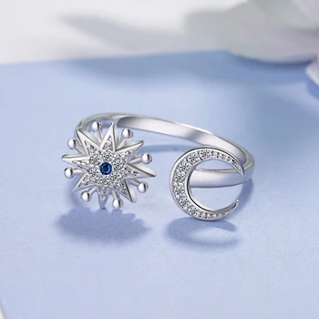 Nye Fine Stjerne&Måne Zircon Asymmetri Resizable Ringe 925 Sterling Sølv Kreative Vielsesring Kvinder Mode Smykker Gave